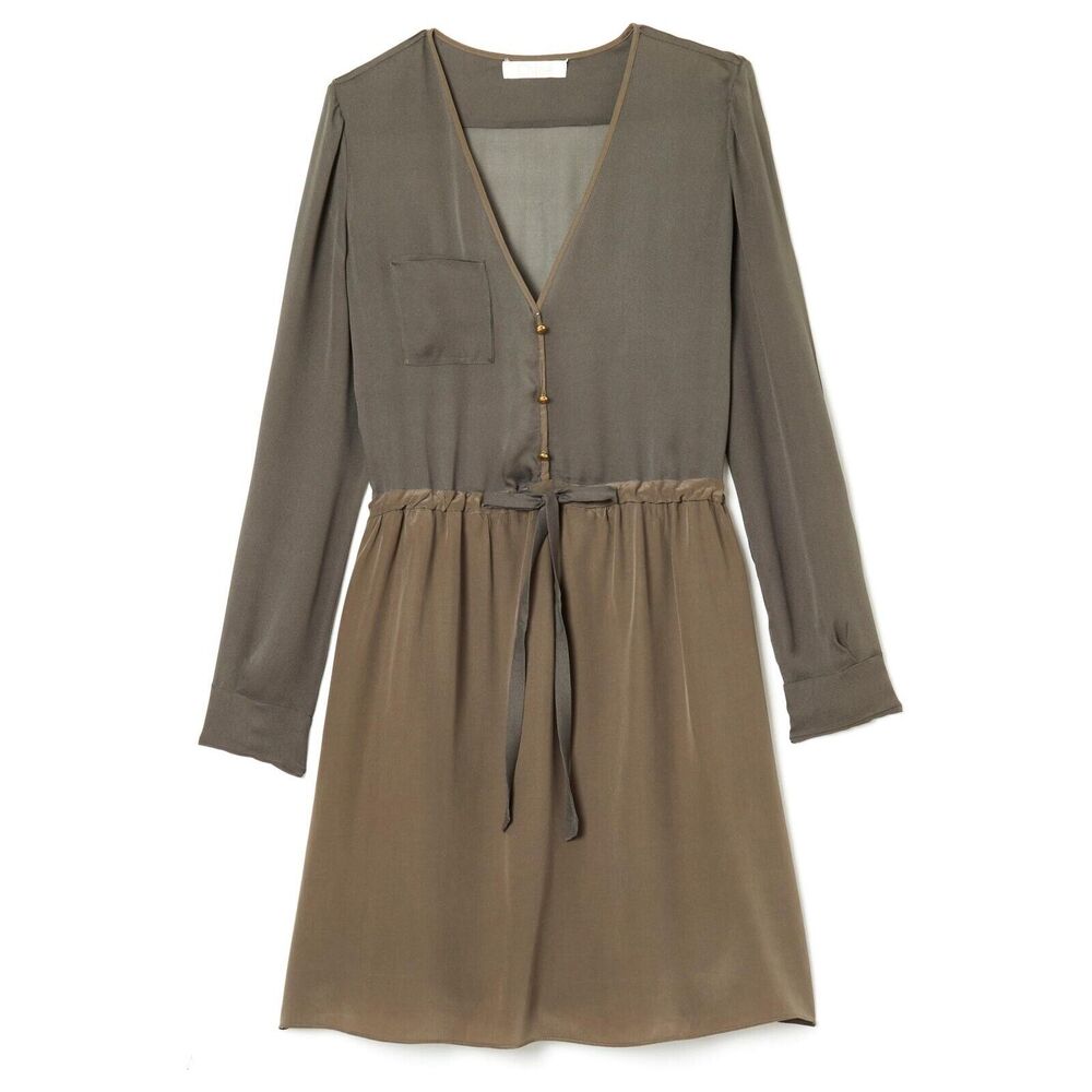 Chloe Sheer Olive Green 100% Silk V-neck Drop Waist Dress Gold Buttons FR40/US 8